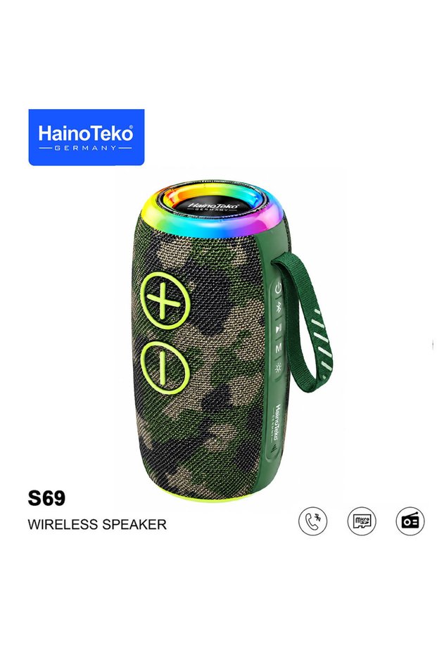 S69 Wireless Bluetooth Speaker with RGB LED Lights, Portable Design, Plus and Minus Buttons, Hands-Free Calling, TF Card Support and FM Radio Function