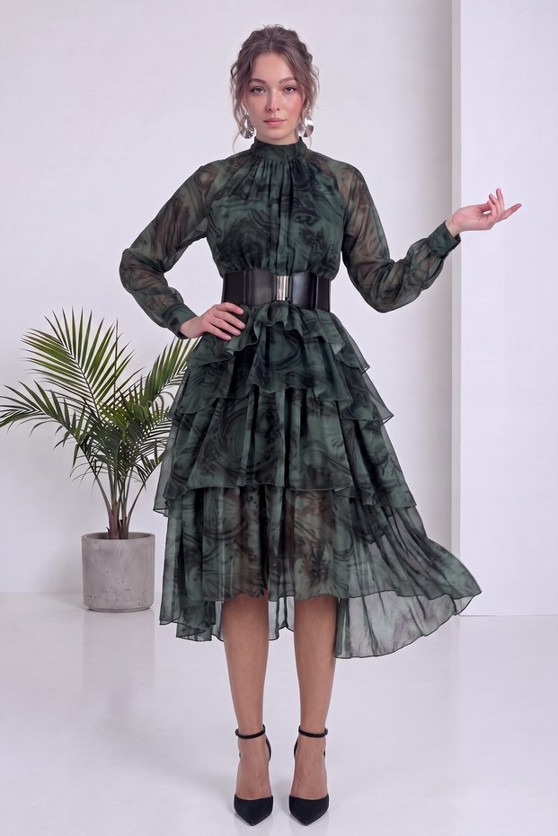 Women's Midi Length Chiffon Dress with Ruffle Detail, Belt Detail, and Print; Long Sleeves; Green, Brown, Purple