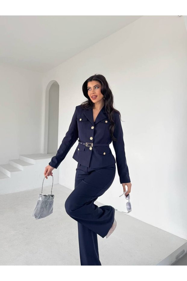 Women's Gold-Buttoned Belted Jacket and Pants Set with Pocket Detail—Stylish Two-Piece Set