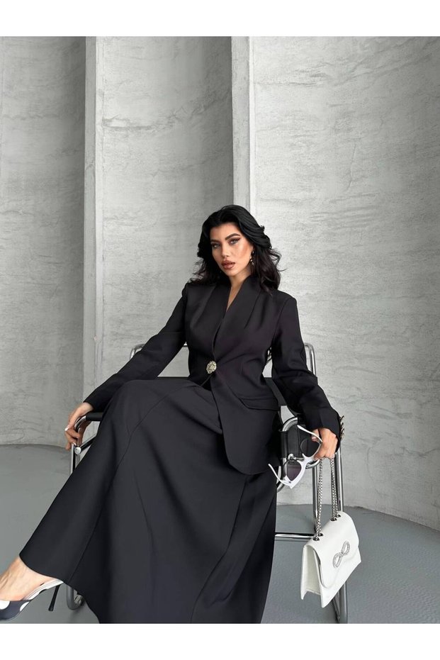 Women's Gold Button-Front Blazer and Long Skirt Set—Stylish Two-Piece Set with a Zipper Skirt