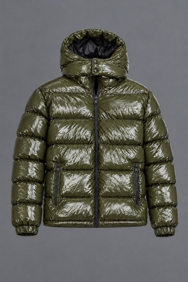 Men's Khaki Winter Jacket with Hood, Padded Design, and Zipper