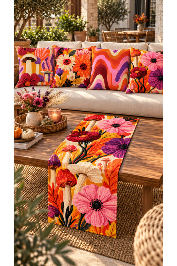 Vibrant Pink and Orange Floral Print and Patterned Set of 4 Cushion Covers + 1 Table Runner – 43x43 cm Reversible Cushion Covers, 40x140 cm Table Runner