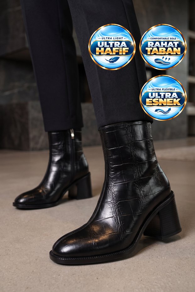 Women's Thick Heel Zip-Up Boots, 655624, Black Crocodile Print