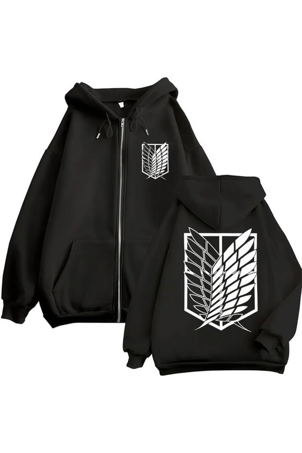 Attack on Titan Printed 3 Thread Zippered Cardigan with Raised Pattern Oversize