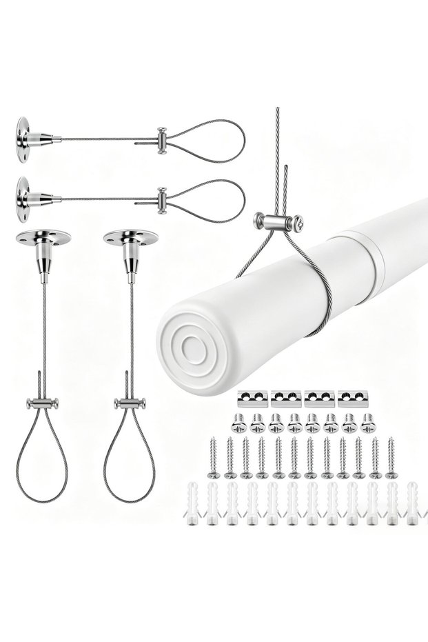 Ceiling Closet Rod Support Bracket, Adjustable with 1.5M Steel Cable, Silver, 4 Pack, 30kg Load Capa