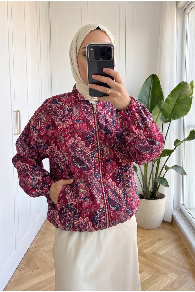 Women's Patterned Shawl-Mock Neck Bomber Jacket with Zipper and Elastic Waistband – Relaxed Fit, 65 cm