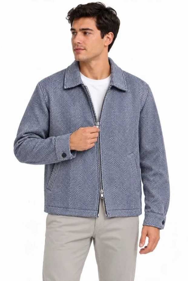 Men's Herringbone-Patterned Cashmere Shirt-Collar Jacket with Two-Way Zipper - Navy Blue