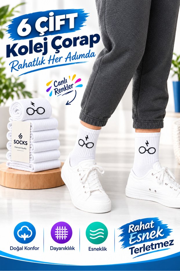 6-Pair Unisex Patterned White Knee-High Socks Value Pack