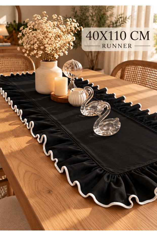 BLACK Table Runner WITH FRINGE, WHITE-EDGED, DECORATIVE, SMALL SIZE 40X110 CM
