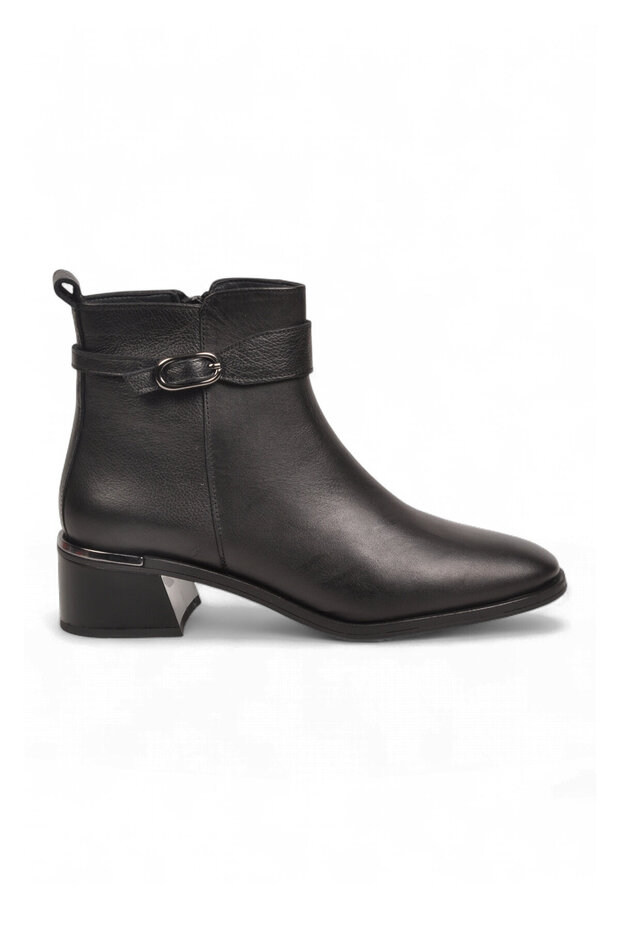 Women's Black Genuine Leather Heeled Zip-Up Boots with Ankle Strap, Fleece-Lined Insulation 9783-1