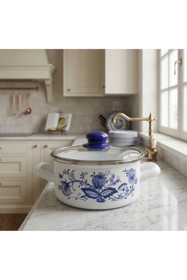 18 CM, 2-LITER ENAMELED POPPY-PATTERNED POT FOR YOGURT, MILK, AND SOUP