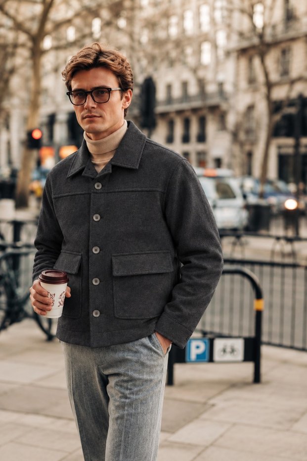 Men's Button-Front Melton Cashmere Casual Charcoal Grey Jacket