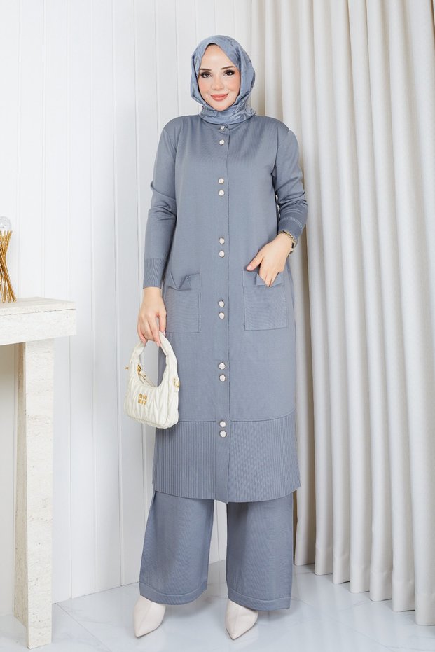 Modest Set for Women: Cold-Spun Yarn Knit Tunic and Pants Two-Piece Set with 10-Button Long Jacket, Gray