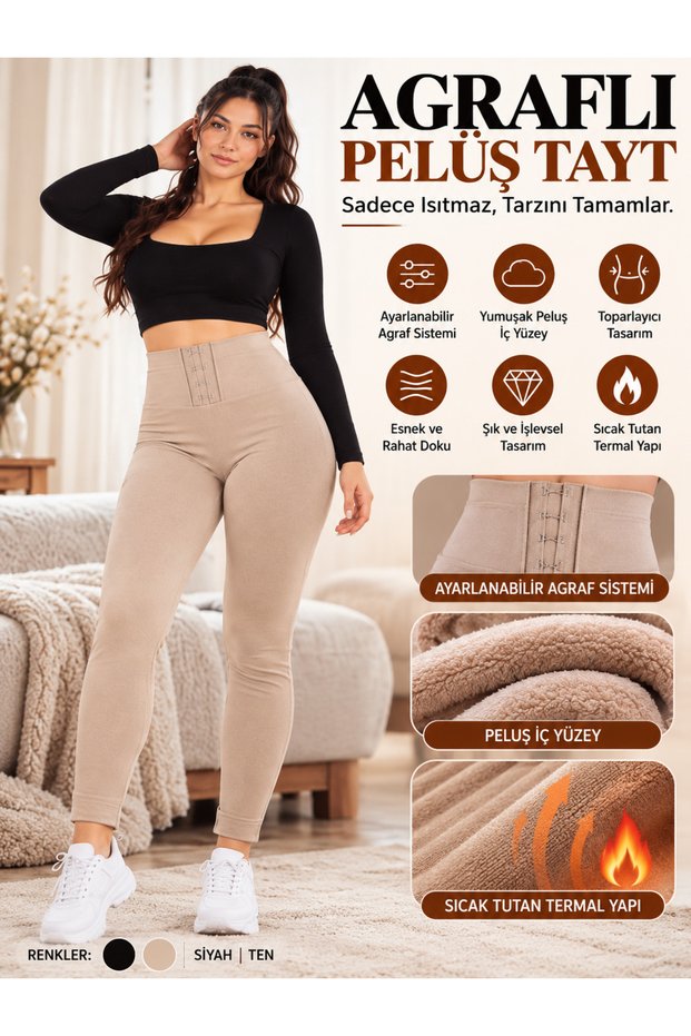 Colanți din pluș cu elastic și agrafă efect modelator