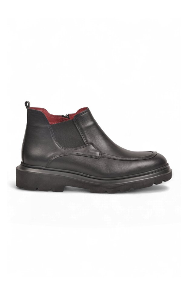 Men's Classic Black Genuine Leather Zip-Up Boots with Side Elastic, Model 274083