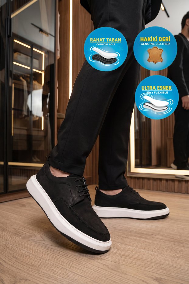 Men's Casual Shoes, Genuine Leather 272301, Black Nubuck-White