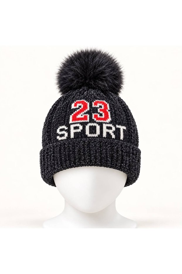Boys' 23 Sport Knitted Beanie with Pom-Pom and Embroidered Pattern, Fleece Lining, Soft, Winter, Ages 4–10