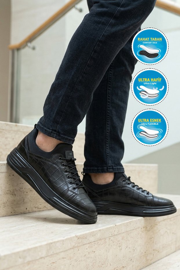Black Crocodile-Print Faux Leather Men's Sneakers Balase 896 M