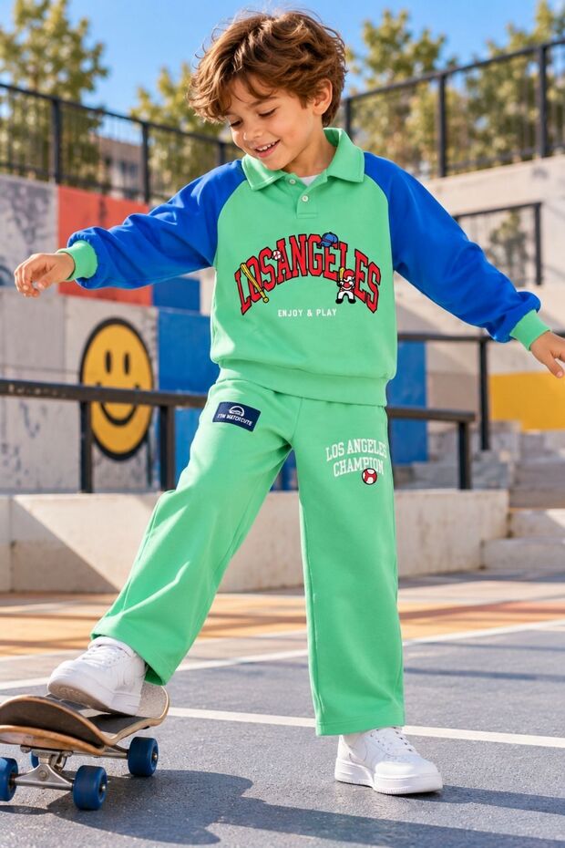 Polo Collar Boys' Los Angeles-Printed Long-Sleeve Top and Bottom Set