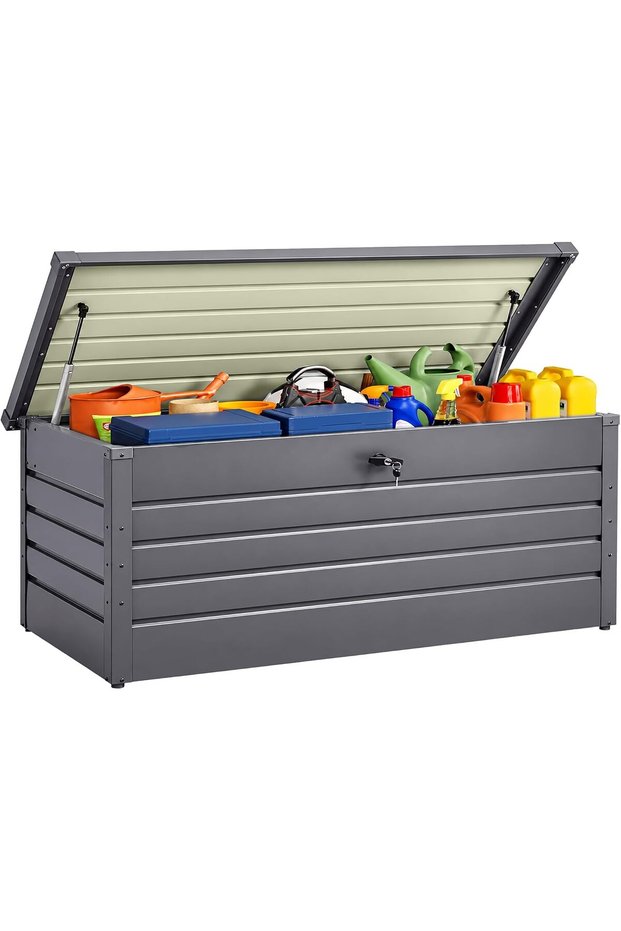 , Outdoor Storage Box - 600L, Metal | Garden Storage Box Hydraulic Rod for Lid | Lockable, Heavy Duty Storage Box Outdoor for Patio, Garden, Balcony Storage (Light Grey)