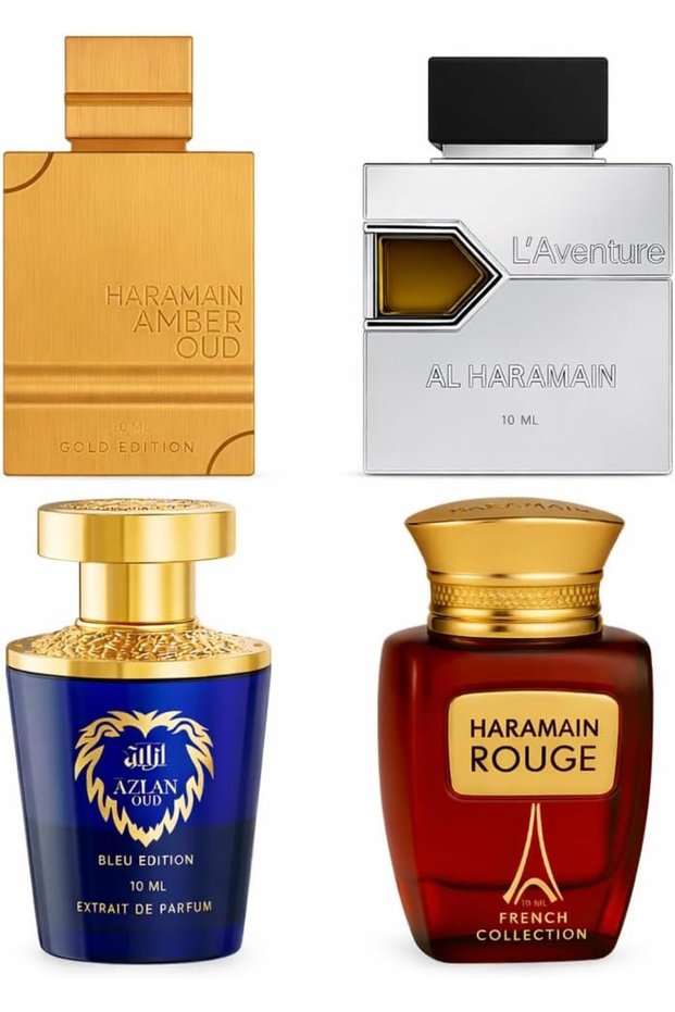 Travel Exclusive Perfume Gift Set 4 x 10ml EDP | Amber Oud Gold, L’Aventure, Azlan Bleu & Rouge | Luxury Mini Fragrance Collection for Men & Women
