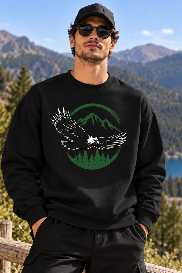 Kartal Mountain and Forest Print Unisex Oversized Sweatshirt – Crew Neck Relaxed-Fit Casual Sweatshirt