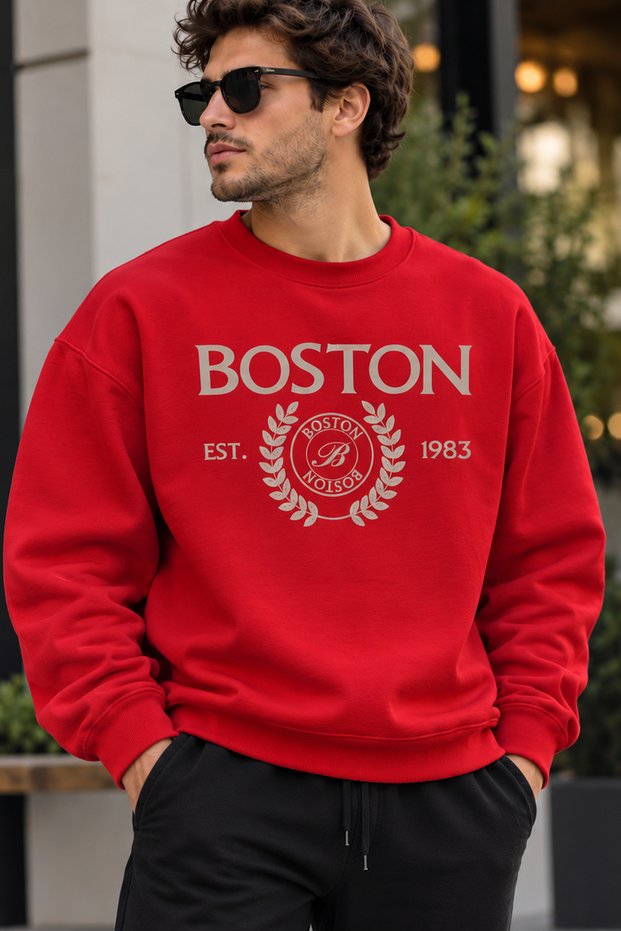 Boston Embroidered Logo Unisex Oversized Sweatshirt – Crew Neck Relaxed-Fit Casual Sweatshirt