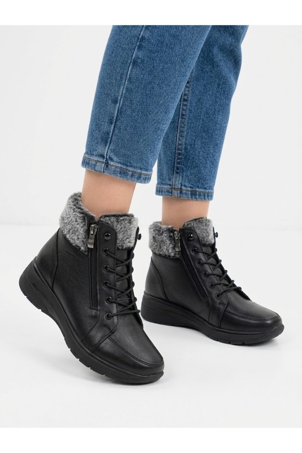 Women's black genuine leather orthopedic non-slip sole warm daily boots