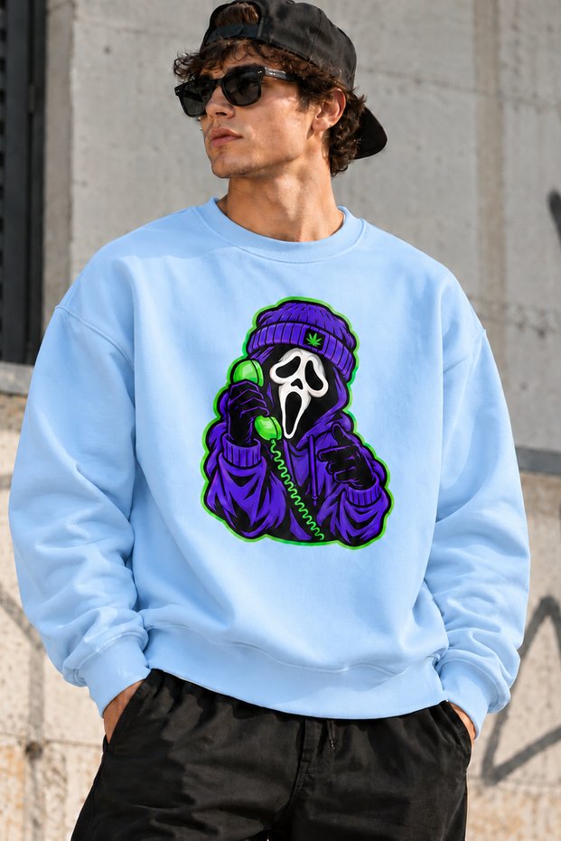 Unisex Oversized Sweatshirt with "Phone Scream Mask" Print – Crew Neck Relaxed-Fit Casual Sweatshirt