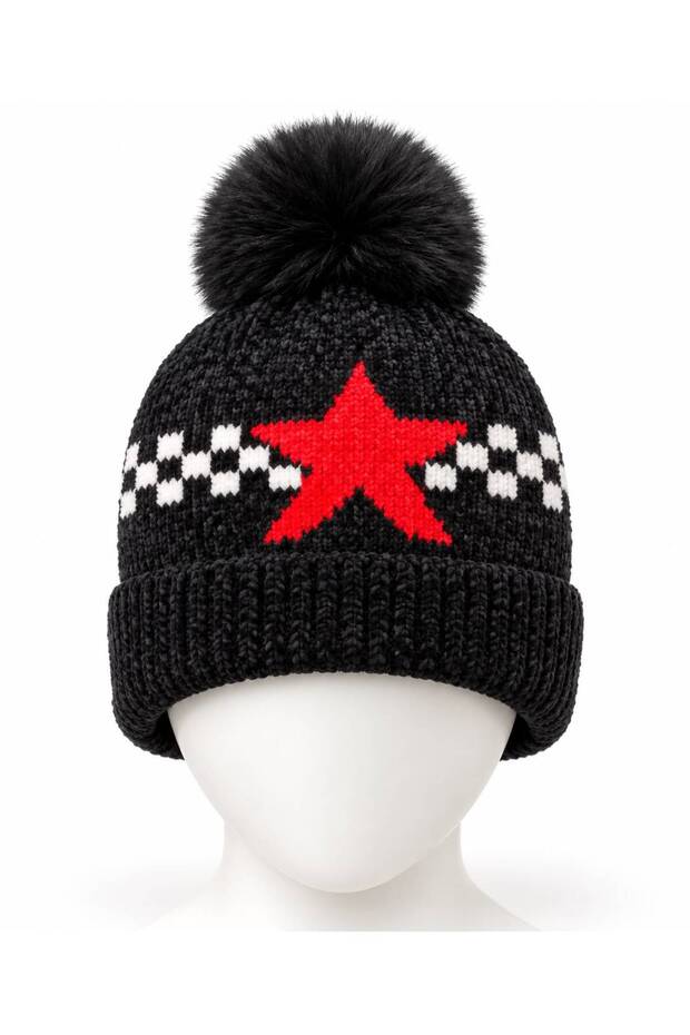 Unisex Kids' Knitted Beanie with Pom-Pom and Star Pattern, Fleece-Lined Design – Winter Beanie, Fold-Over Style, Ages 8–10