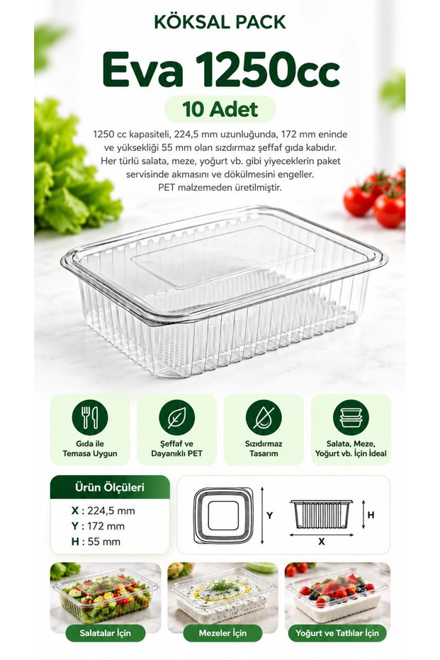 10 Eva 1250cc Leak-Proof Clear PET Food Containers with Flat Lids for Salads, Appetizers, and Yogurt