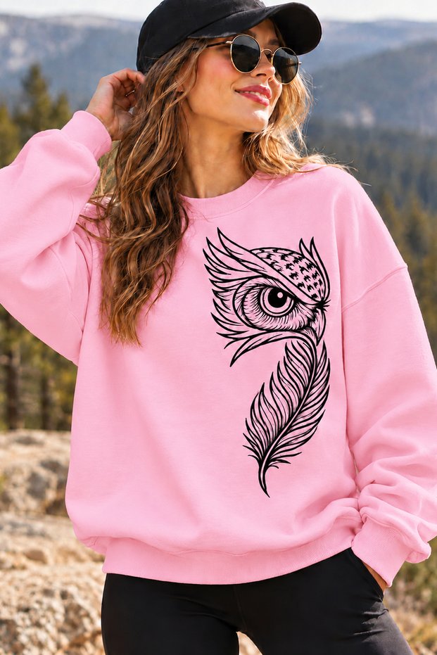 Owl and Feather-Printed Unisex Oversized Sweatshirt – Crew Neck Relaxed-Fit Casual Sweatshirt