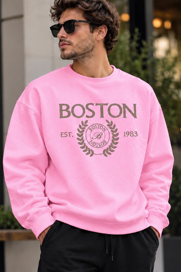 Boston Embroidered Logo Unisex Oversized Sweatshirt – Crew Neck Relaxed-Fit Casual Sweatshirt