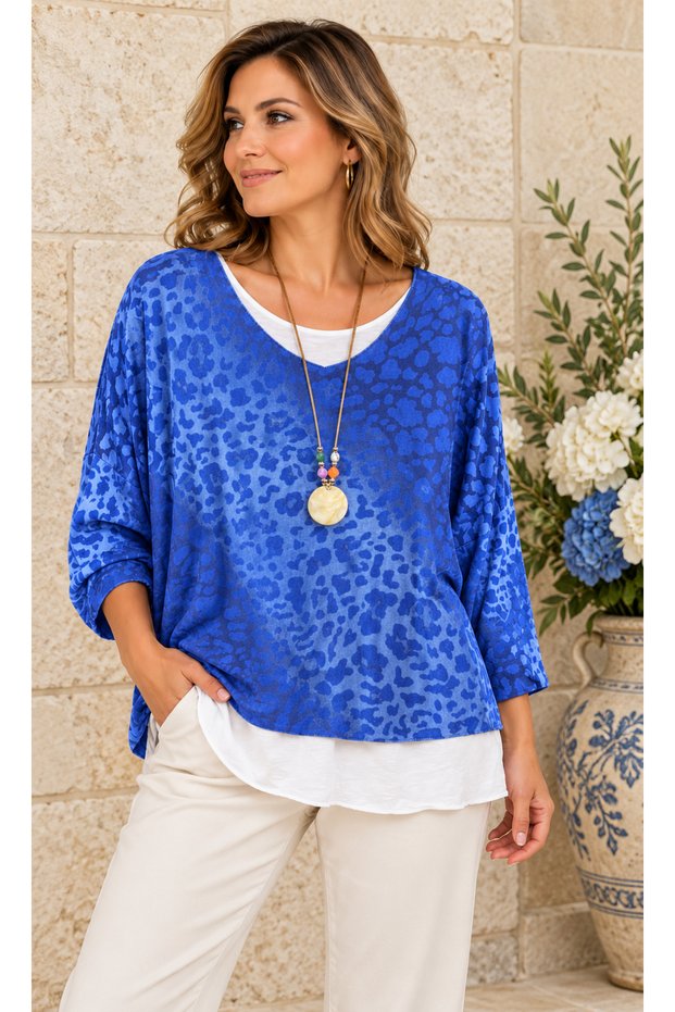 Women's Italian Sleeveless Cotton Tank Top and Leopard Pattern Knit Blouse Set with Collar, Sizes 40–48