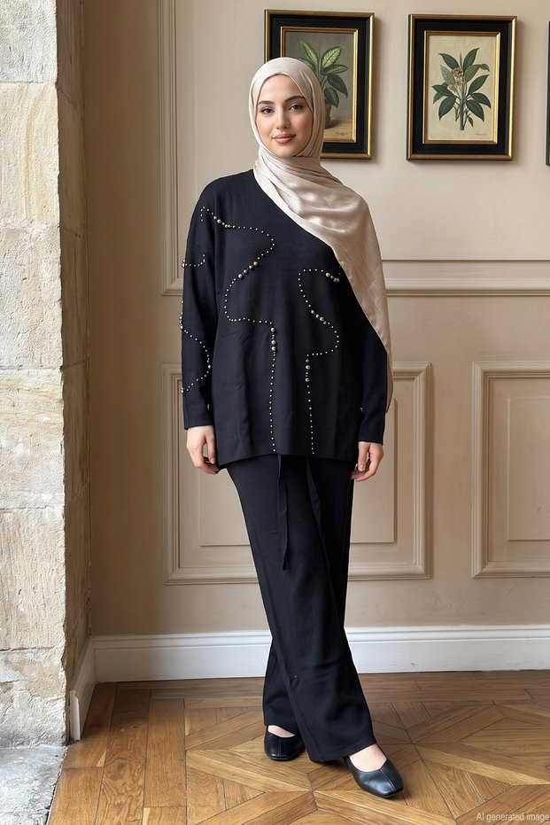 Beaded Knit Set with Pants 101062 Black