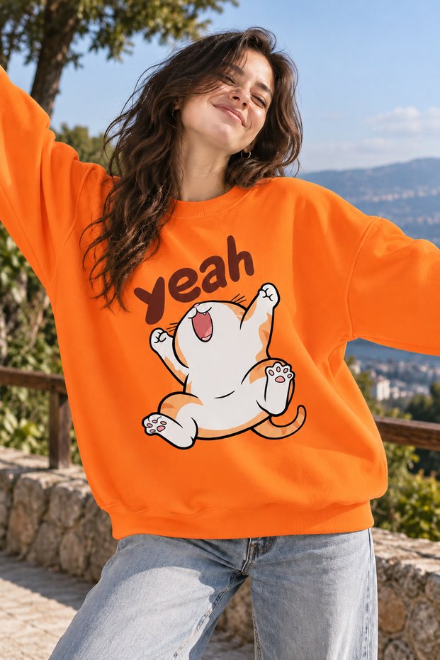 "Yeah" Printed Cheerful Cat Unisex Oversized Sweatshirt – Crew Neck Relaxed Fit Casual Sweatshirt