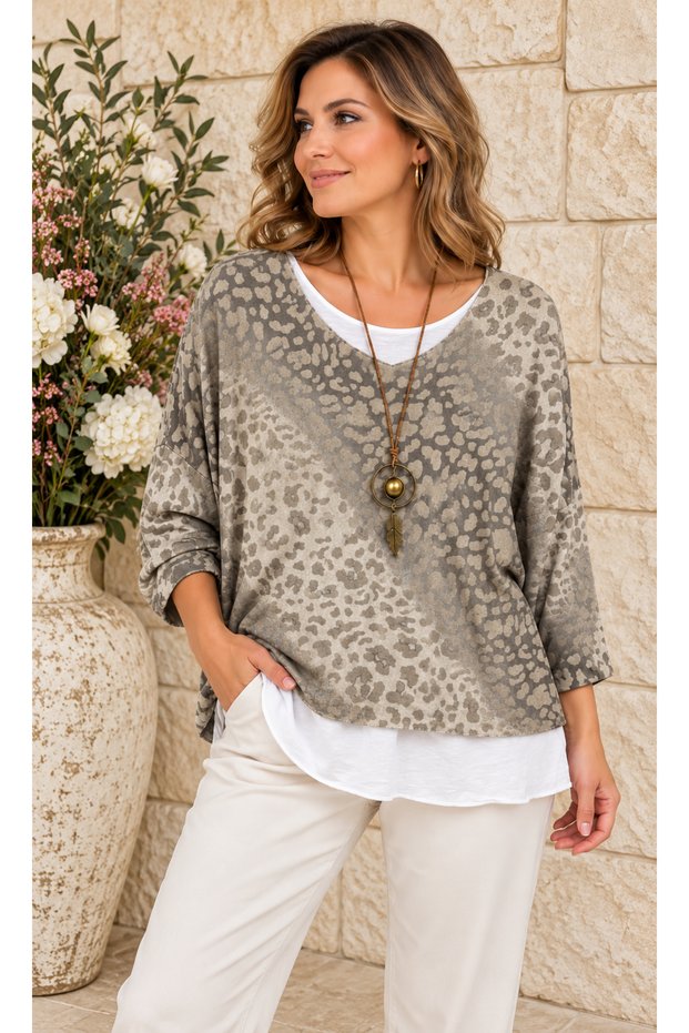 Women's Italian Sleeveless Cotton Tank Top and Leopard Pattern Knit Blouse Set with Collar, Sizes 40–48
