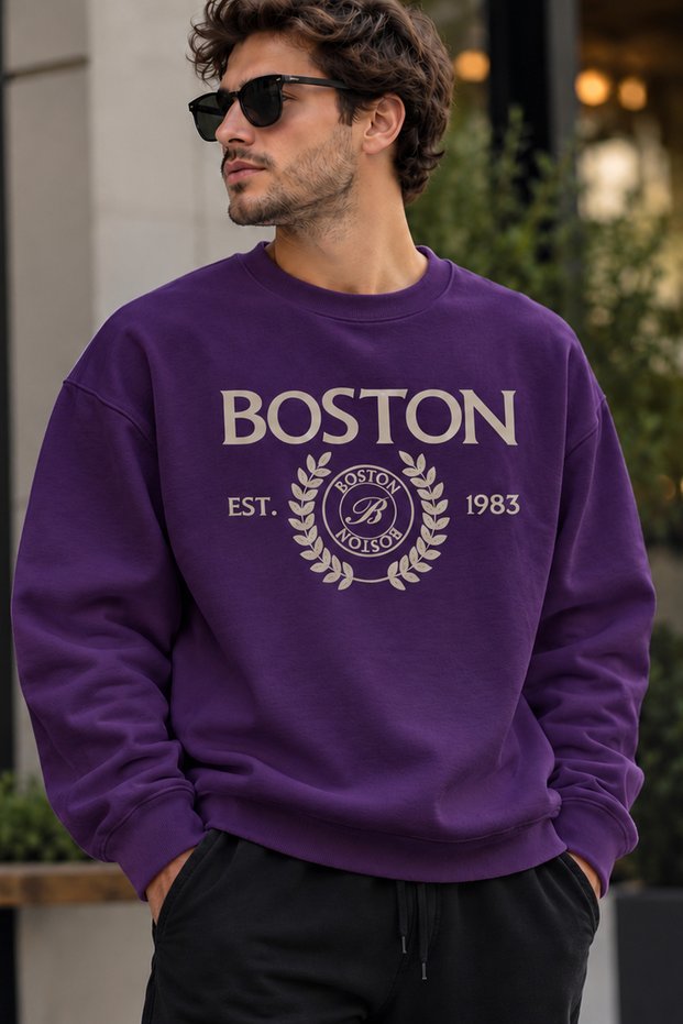 Boston Embroidered Logo Unisex Oversized Sweatshirt – Crew Neck Relaxed-Fit Casual Sweatshirt