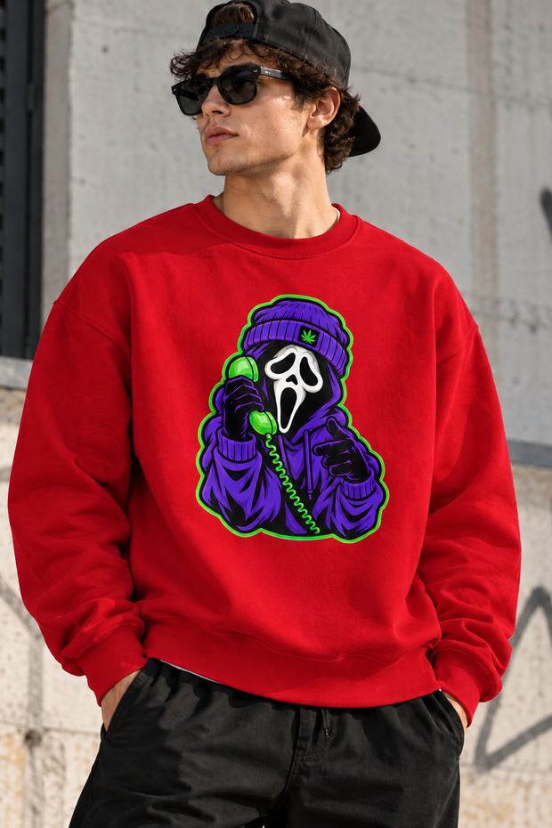 Unisex Oversized Sweatshirt with "Phone Scream Mask" Print – Crew Neck Relaxed-Fit Casual Sweatshirt