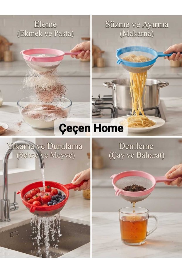 Home 20 cm 2-Piece Steel Wire Strainer Set, Practical Flour Sifter with Colorful Strappy Plastic Handles, Pasta and Fruit Strainer, Kitchen Practical Strainer Value Pack