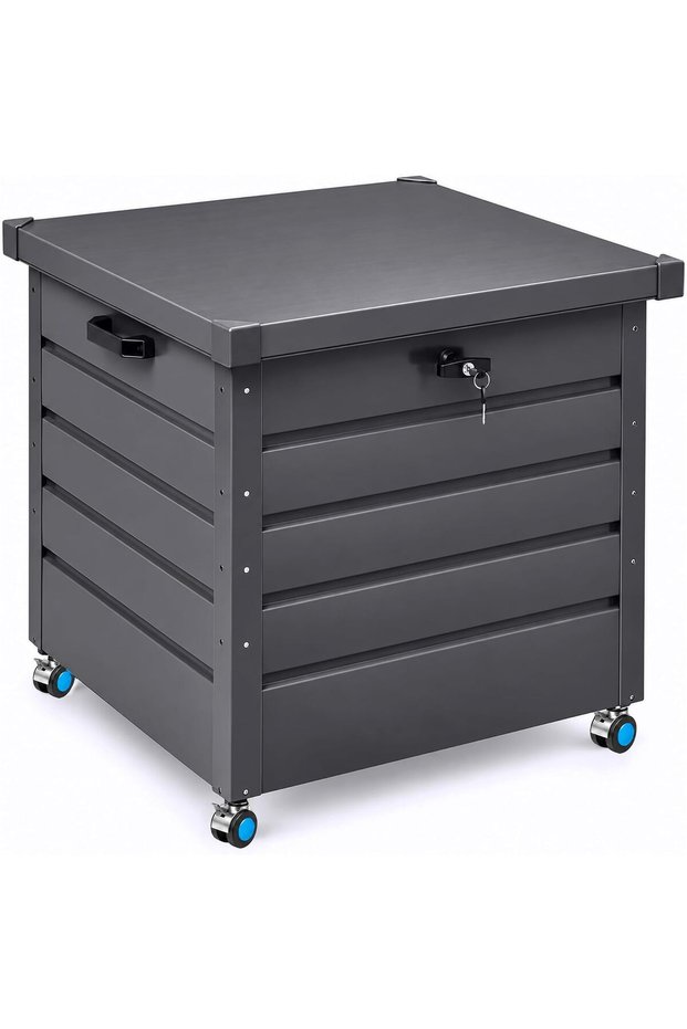 , Outdoor Storage Box - 200L, Metal | Movable Garden Storage Box with Wheels, Hydraulic Rod for Lid | Lockable, Heavy Duty Storage Box Outdoor for Patio, Garden, Balcony (Light Grey)