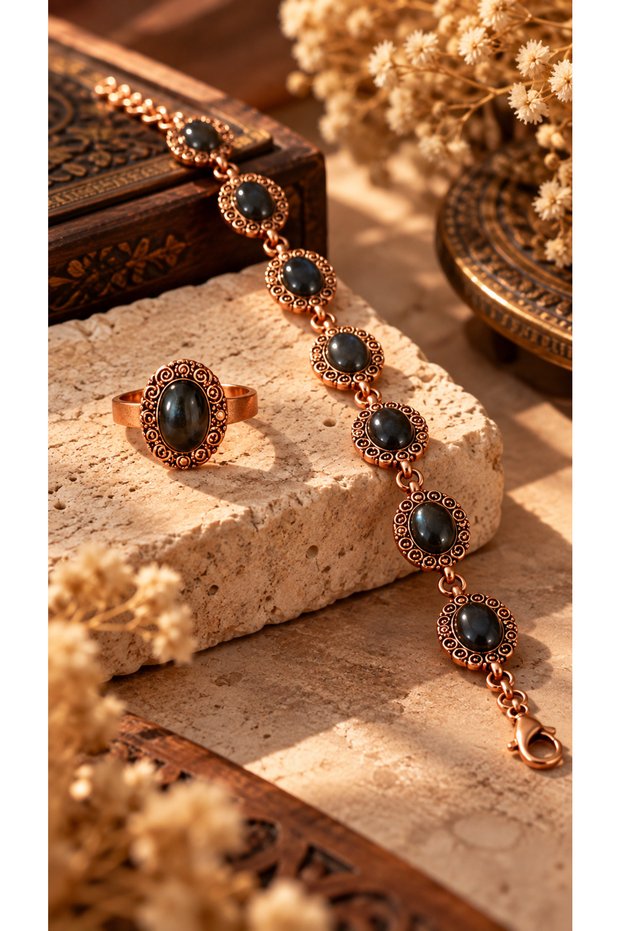 Black Enameled Adjustable Vintage Solid Copper Women's Bracelet and Ring Set