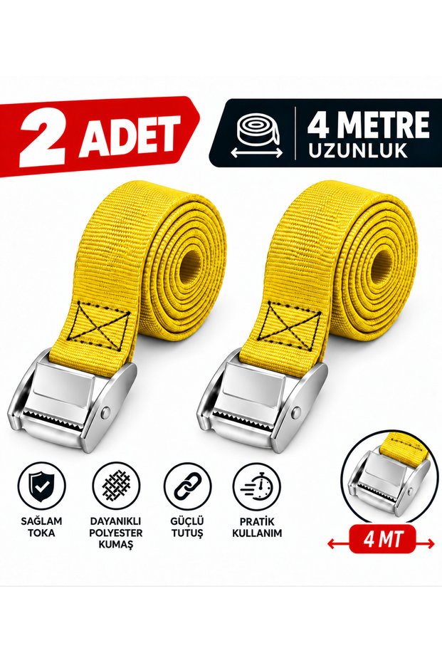 Metal Buckled Tying and Tensioning Strap, 4 Meters, Yellow, 2 Pieces