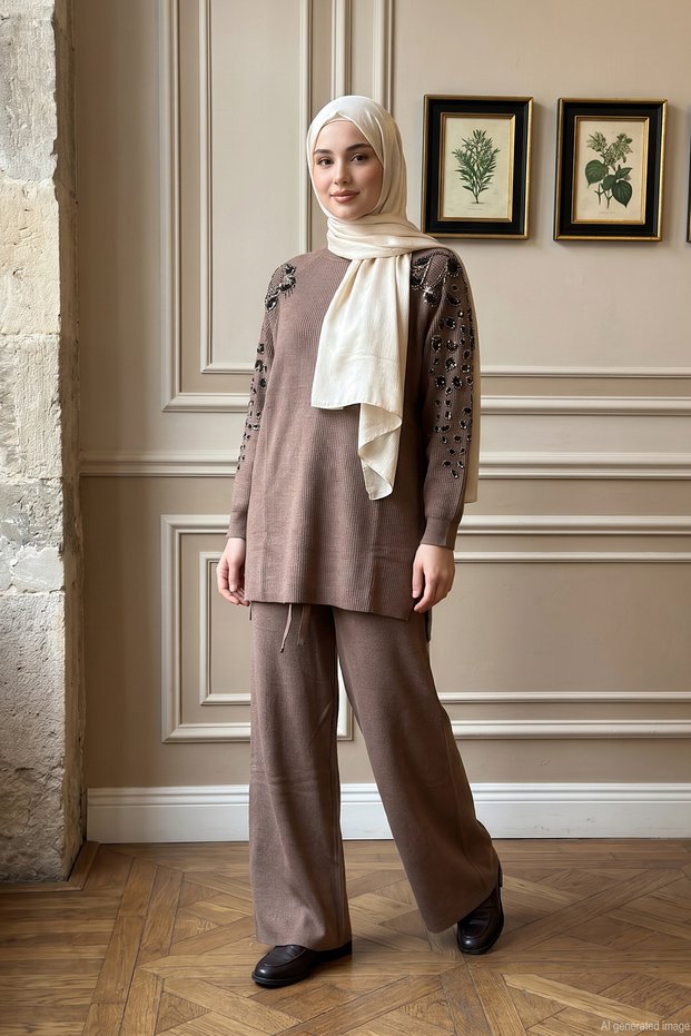 Knit Set with Beaded Details on the Shoulders and Sleeves, Includes Pants, 101063, Brown