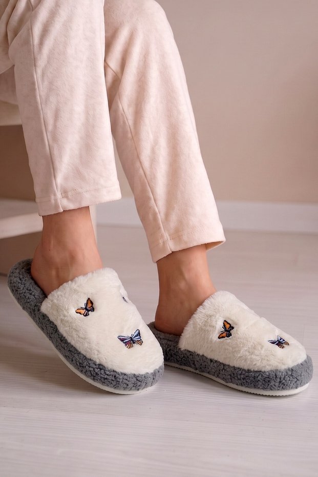 Women's Fur-Lined Butterfly-Embroidered House Slippers