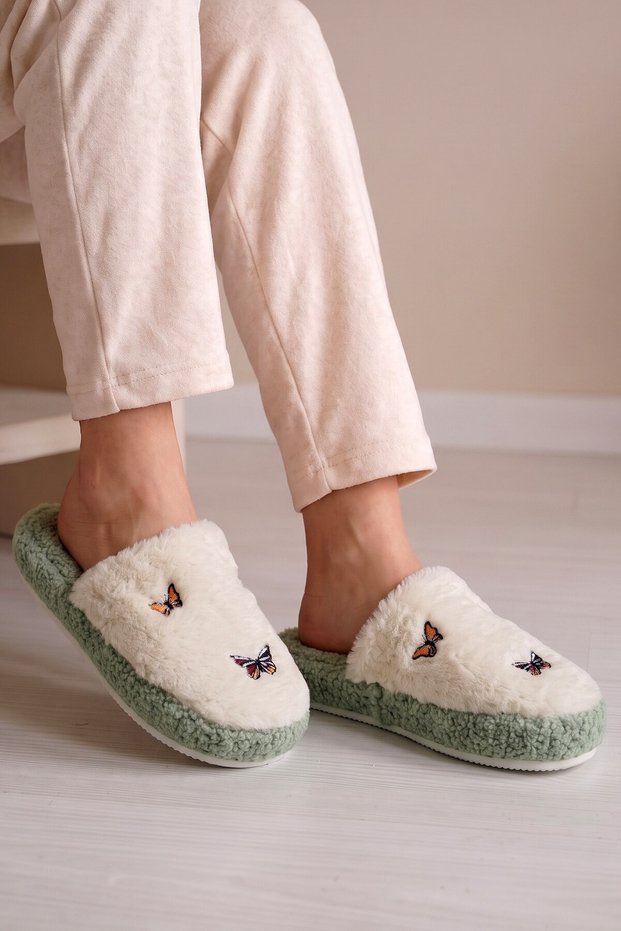 Women's Fur-Lined Butterfly-Embroidered House Slippers