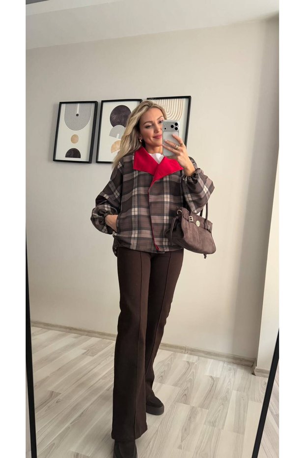 Plaid Bomber Jacket with Red Collar Trim