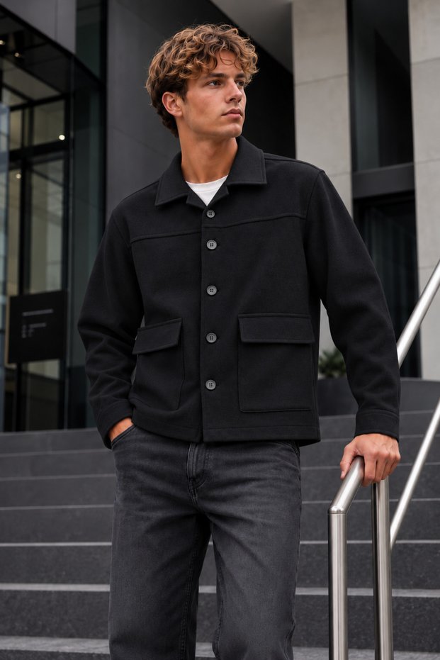 Men's Double-Pocketed, Button-Front, Transitional Black Jacket