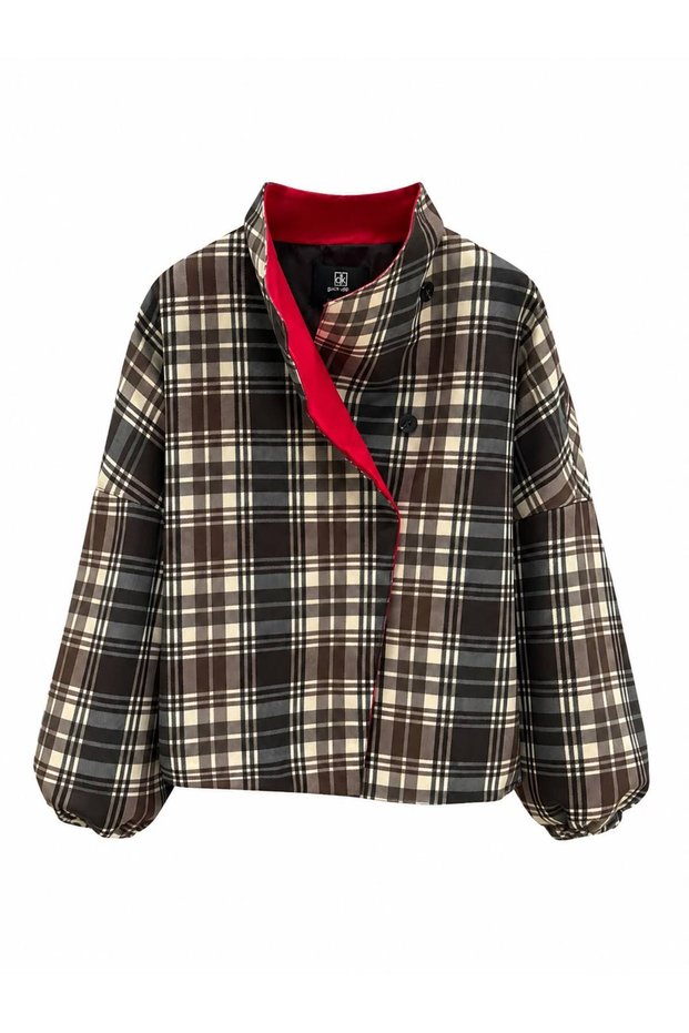 Red Collar Detailed Checkered Jacket