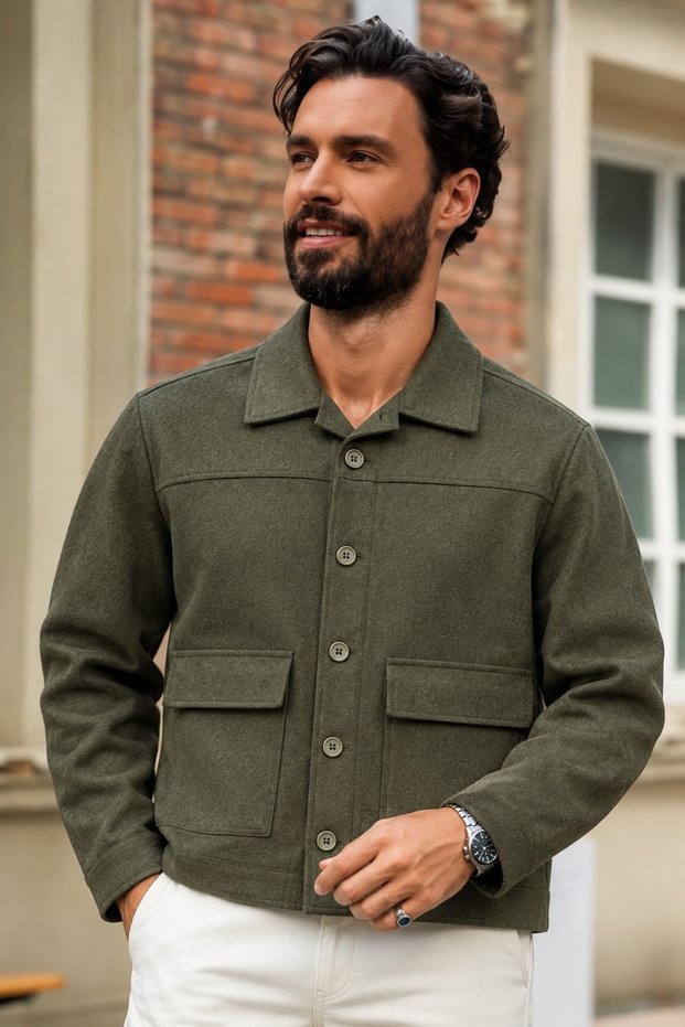Men's Pocketed Transitional Melton Khaki Jacket